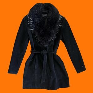 90's vintage black suede 100% leather faux fur penny lane coat jacket MEDIUM